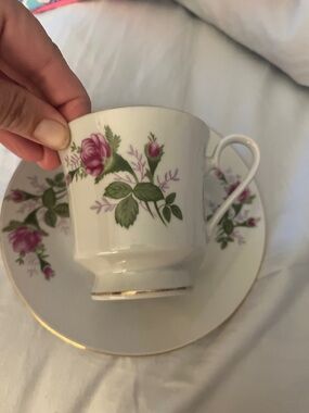 White Porcelain Teacup and Saucer with Pink Rose Floral Pattern